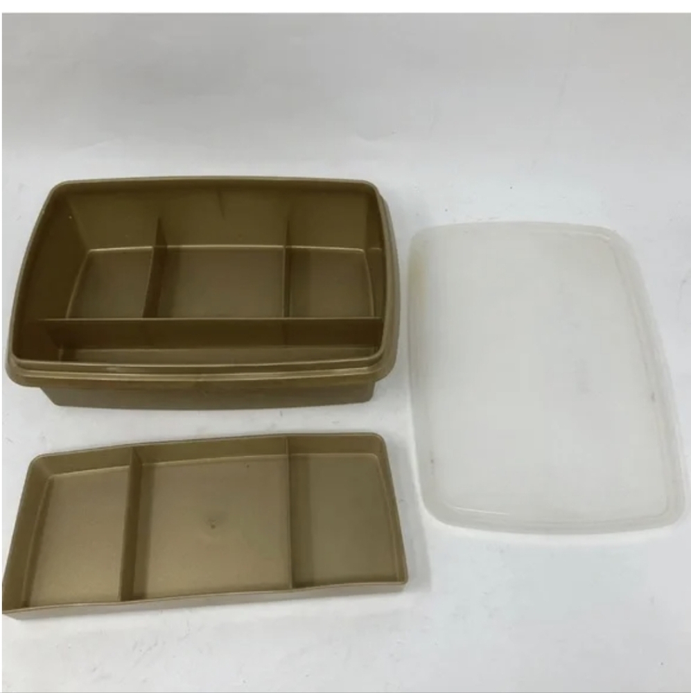 Tupperware Tuppercraft Stow-N-Go Storage Box Gold 3 pc Lid Tray